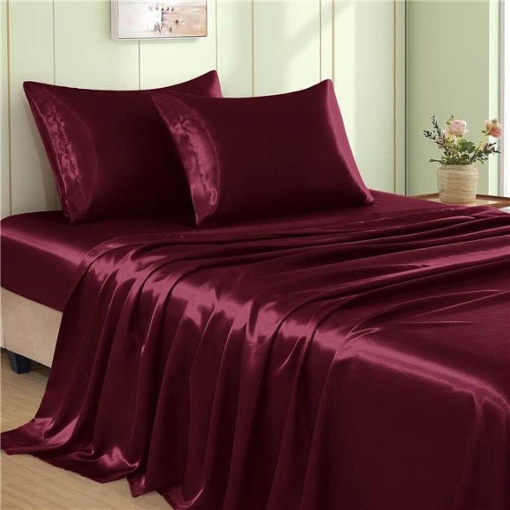 VACVELT 4pcs Burgundy Satin Sheets Queen Size Bed Set, 15 Inch Deep Pocket